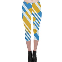 Blue, Yellow And White Lines And Circles Capri Leggings  by Valentinaart