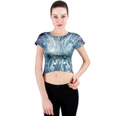 Music, Decorative Clef With Floral Elements In Blue Colors Crew Neck Crop Top by FantasyWorld7