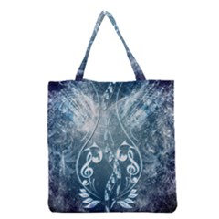 Music, Decorative Clef With Floral Elements In Blue Colors Grocery Tote Bag