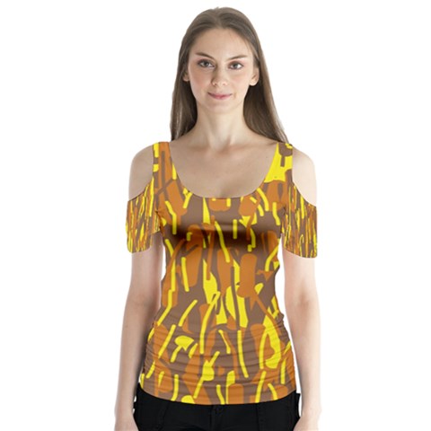 Yellow Pattern Butterfly Sleeve Cutout Tee  by Valentinaart