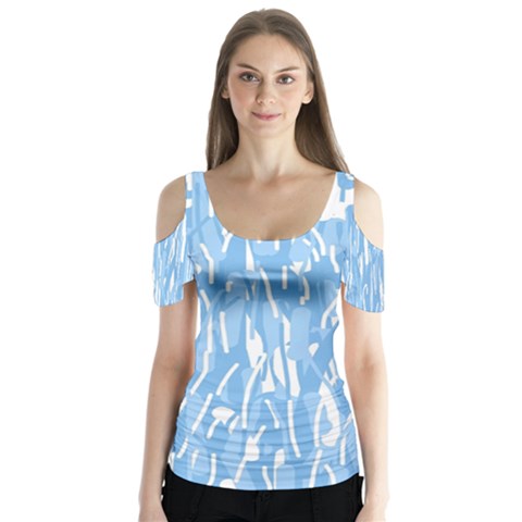 Blue Pattern Butterfly Sleeve Cutout Tee  by Valentinaart