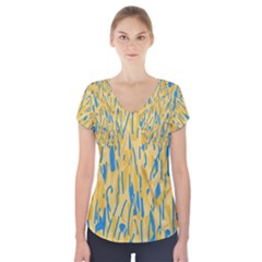 Yellow And Blue Pattern Short Sleeve Front Detail Top by Valentinaart