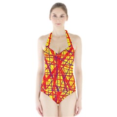 Yellow And Orange Pattern Halter Swimsuit