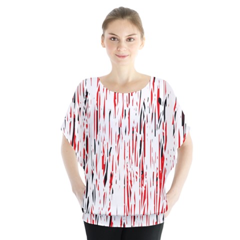 Red, Black And White Pattern Batwing Chiffon Blouse by Valentinaart