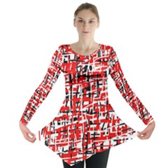 Red, White And Black Pattern Long Sleeve Tunic  by Valentinaart