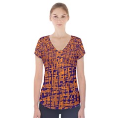 Blue And Orange Decorative Pattern Short Sleeve Front Detail Top by Valentinaart