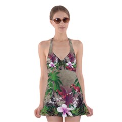 Wonderful Tropical Design With Palm And Flamingo Halter Swimsuit Dress