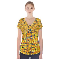 Yellow, Orange And Blue Pattern Short Sleeve Front Detail Top by Valentinaart