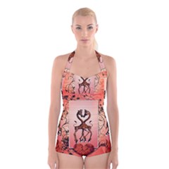 Cute Giraffe In Love With Heart And Floral Elements Boyleg Halter Swimsuit 