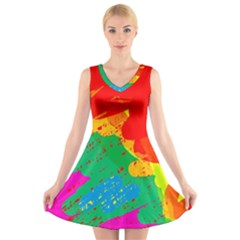 Colorful Abstract Design V-neck Sleeveless Skater Dress