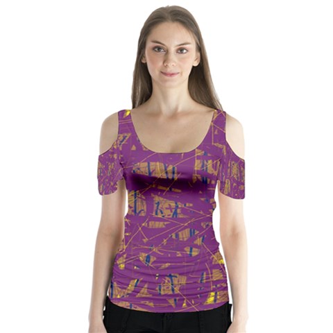 Purple Pattern Butterfly Sleeve Cutout Tee  by Valentinaart