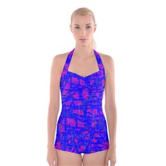 Blue Pattern Boyleg Halter Swimsuit  by Valentinaart