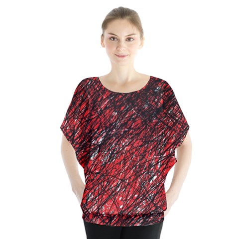 Red And Black Pattern Batwing Chiffon Blouse by Valentinaart