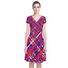 Red And Blue Pattern Short Sleeve Front Wrap Dress