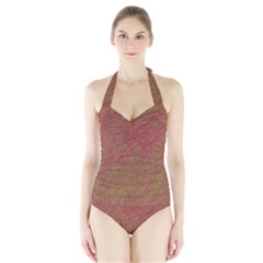 Brown Pattern Halter Swimsuit