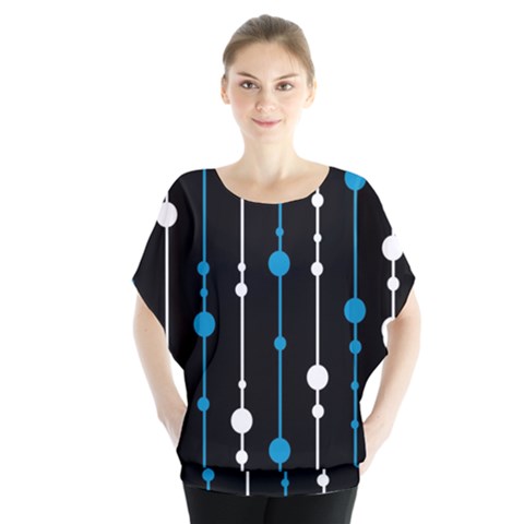 Blue, White And Black Pattern Batwing Chiffon Blouse by Valentinaart