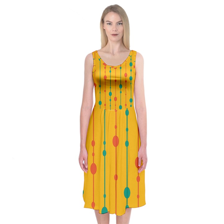 Yellow, green and red pattern Midi Sleeveless Dress