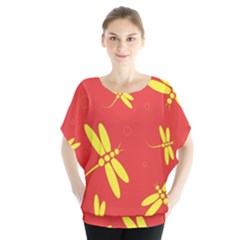 Red And Yellow Dragonflies Pattern Batwing Chiffon Blouse