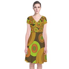 Brown pattern Short Sleeve Front Wrap Dress