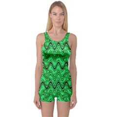 Green Wavy Squiggles One Piece Boyleg Swimsuit by BrightVibesDesign
