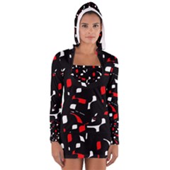 Red, Black And White Pattern Women s Long Sleeve Hooded T-shirt by Valentinaart