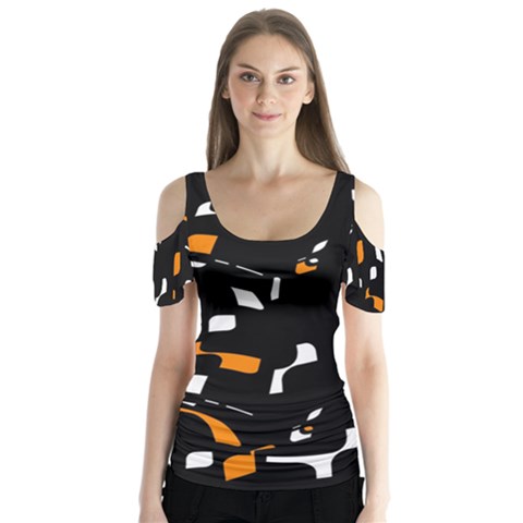 Orange, Black And White Pattern Butterfly Sleeve Cutout Tee  by Valentinaart