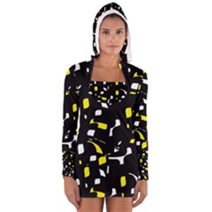 Yellow, Black And White Pattern Women s Long Sleeve Hooded T-shirt by Valentinaart