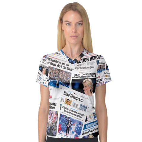 Hillary 2016 Historic Newspaper Collage Women s V-neck Sport Mesh Tee by blueamerica