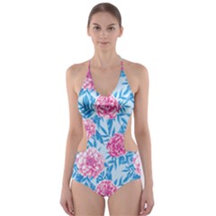 Blue & Pink Floral Cut-out One Piece Swimsuit by TanyaDraws