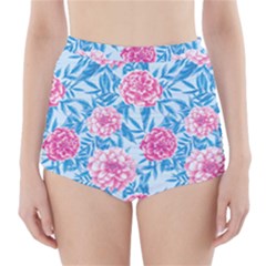 Blue & Pink Floral High-waisted Bikini Bottoms by TanyaDraws