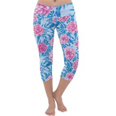 Blue & Pink Floral Capri Yoga Leggings by TanyaDraws