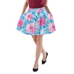 Blue & Pink Floral A-line Pocket Skirt by TanyaDraws