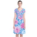 Blue & Pink Floral Short Sleeve Front Wrap Dress View1