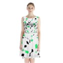 Green, black and white pattern Sleeveless Waist Tie Dress View1