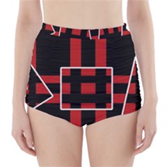 Red And Black Geometric Pattern High-waisted Bikini Bottoms by Valentinaart