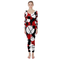 Red, Black And White Pattern Long Sleeve Catsuit