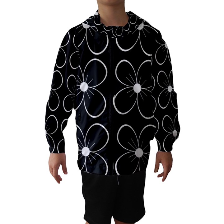 Black and white floral pattern Hooded Wind Breaker (Kids)