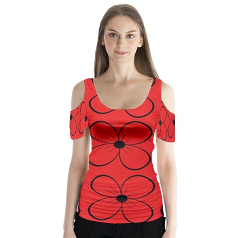 Red Floral Pattern Butterfly Sleeve Cutout Tee  by Valentinaart