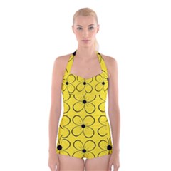 Yellow Floral Pattern Boyleg Halter Swimsuit  by Valentinaart