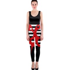 Red, Black And White Abstract Design Onepiece Catsuit by Valentinaart