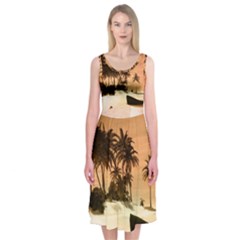 Wonderful Sunset Over The Beach, Tropcal Island Midi Sleeveless Dress by FantasyWorld7