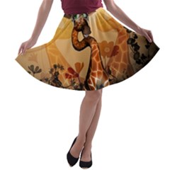 Funny, Cute Giraffe With Sunglasses And Flowers A-line Skater Skirt by FantasyWorld7