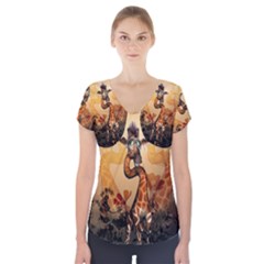 Funny, Cute Giraffe With Sunglasses And Flowers Short Sleeve Front Detail Top