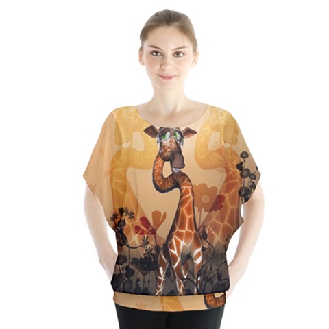 Funny, Cute Giraffe With Sunglasses And Flowers Blouse by FantasyWorld7