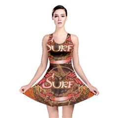 Surfing, Surfboard With Floral Elements  And Grunge In Red, Black Colors Reversible Skater Dress