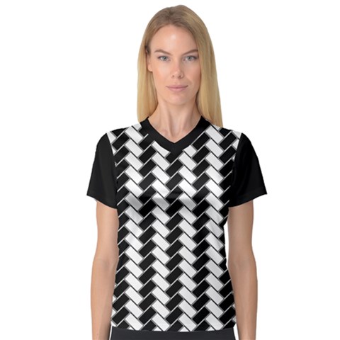 Black And White Herringbone Women s V-neck Sport Mesh Tee by tjustleft