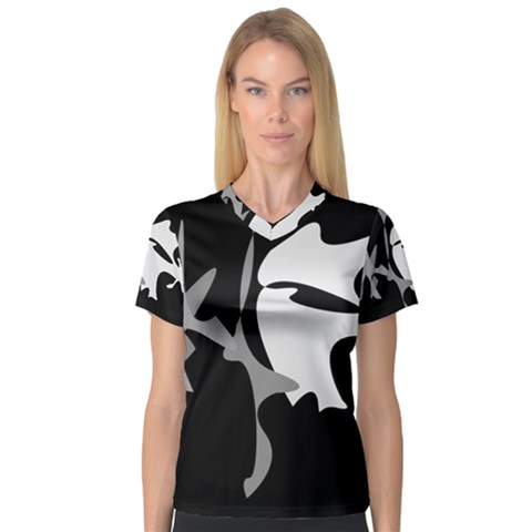 Black And White Amoeba Abstraction Women s V-neck Sport Mesh Tee by Valentinaart