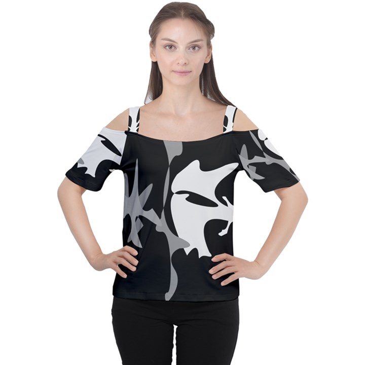 Black and white amoeba abstraction Women s Cutout Shoulder Tee