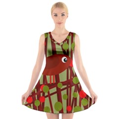 Red cute bird V-Neck Sleeveless Skater Dress