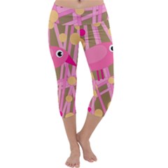 Pink Bird Capri Yoga Leggings by Valentinaart